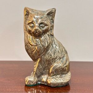 Vintage Gold-tone Brass Sitting Cat Figurine Paperweight Made in Taiwan Patina